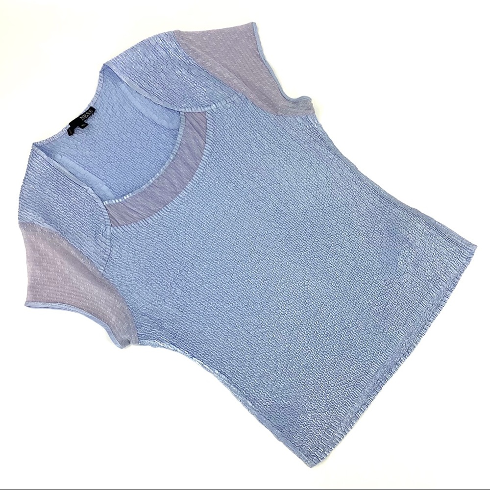 Ness Shiny Baby Blue Short Sleeve Lace Accent Crinkly Top, XL